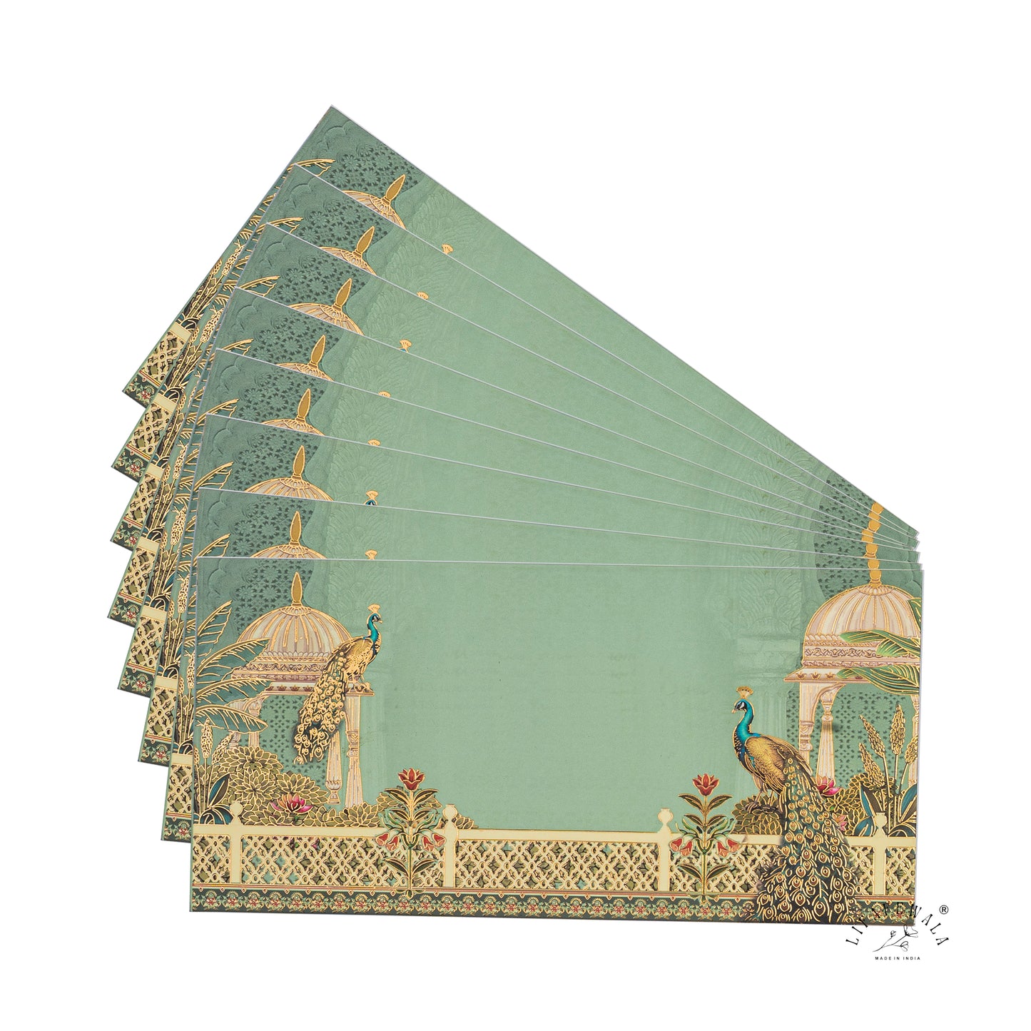 LIFAFEWALA Premium Green Peacock & Orchard Design Gift Envelopes in Gold Foil for Gifting Money on Weddings, Birthdays, Celebrations, Etc (Velvet Feel) (Pack of 20-200)