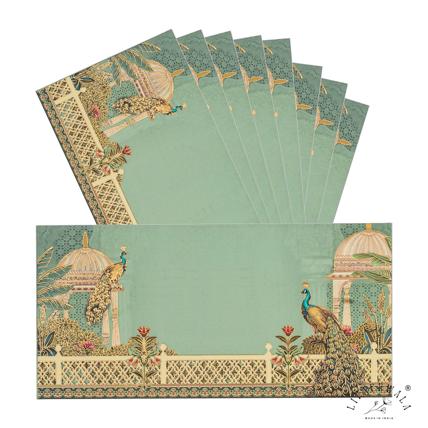 LIFAFEWALA Premium Green Peacock & Orchard Design Gift Envelopes in Gold Foil for Gifting Money on Weddings, Birthdays, Celebrations, Etc (Velvet Feel) (Pack of 20-200)