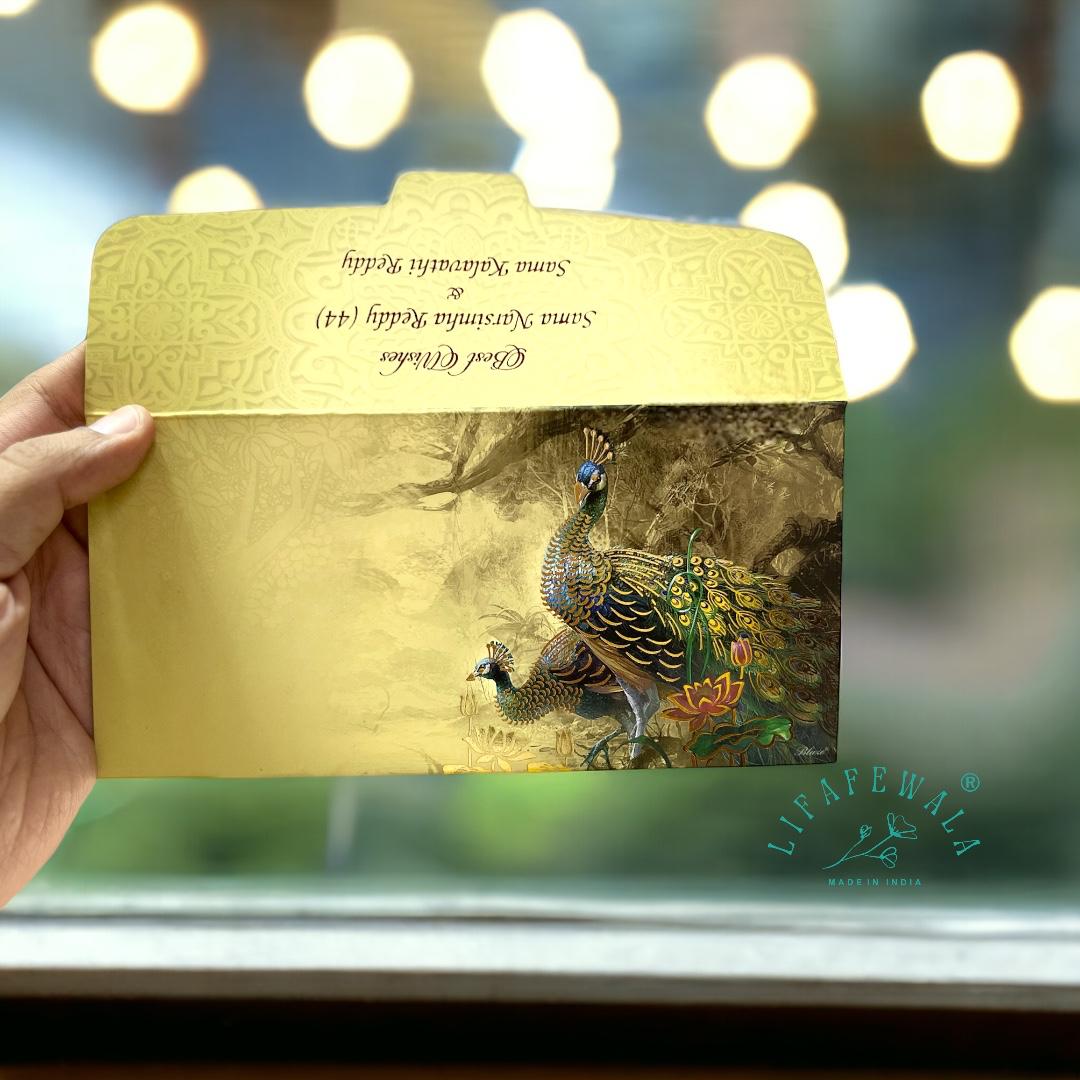 Yellow Money Envelopes – Velvet Feel Peacock Design | Lifafewala