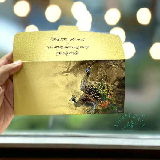 Yellow Money Envelopes – Velvet Feel Peacock Design | Lifafewala