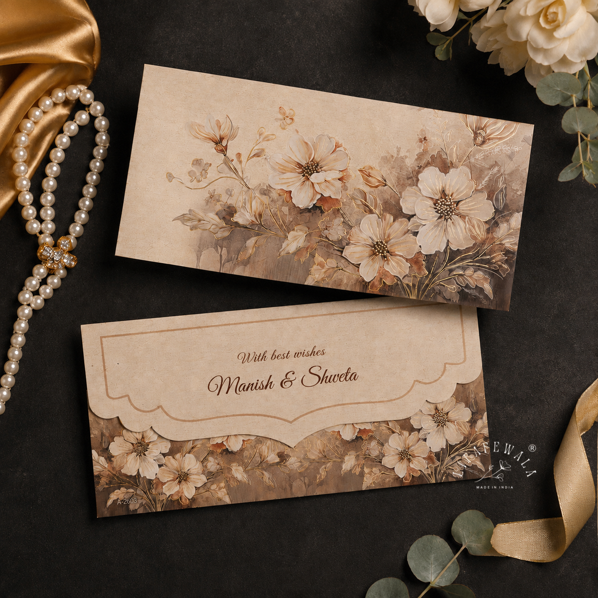 Velvet Touch Floral Design With Gold Foil & UV Printed Shagun Envelopes | Premium Money Gift Covers for All Occasions – Lifafewala