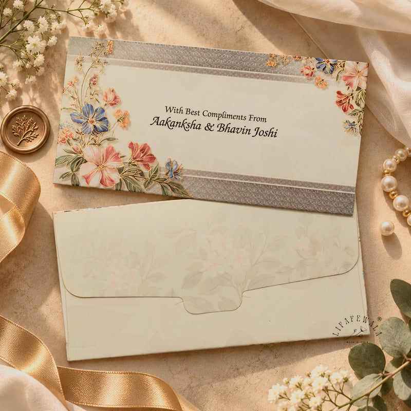 Grey Band Pastel Floral shagun envelope with personalised name printing – sample by LIFAFEWALA