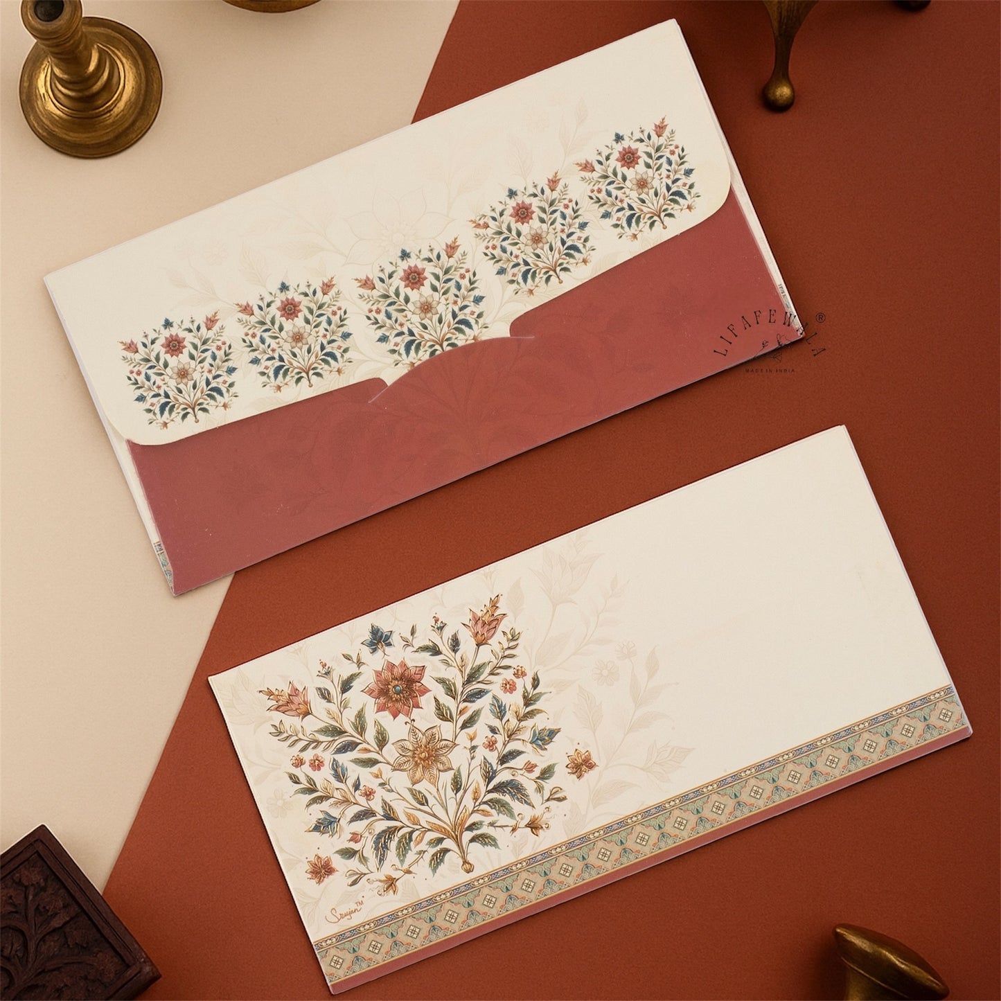 LIFAFEWALA Floral Gold Foil Shagun Lifafa in Cream Color