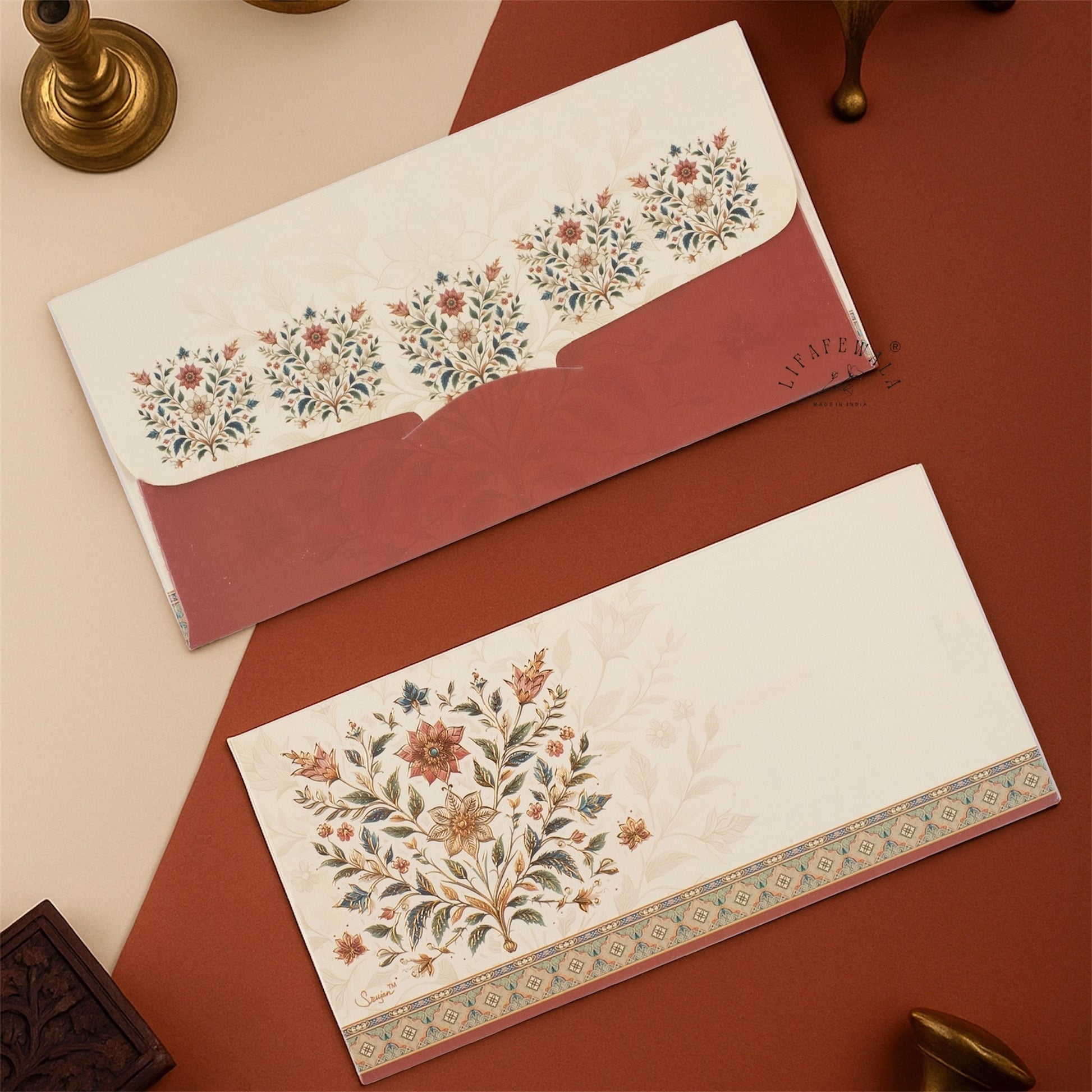 LIFAFEWALA Floral Gold Foil Shagun Lifafa in Cream Color