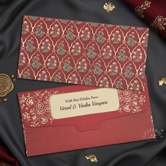 LIFAFEWALA Maroon Floral Money Envelope with Gold Foil