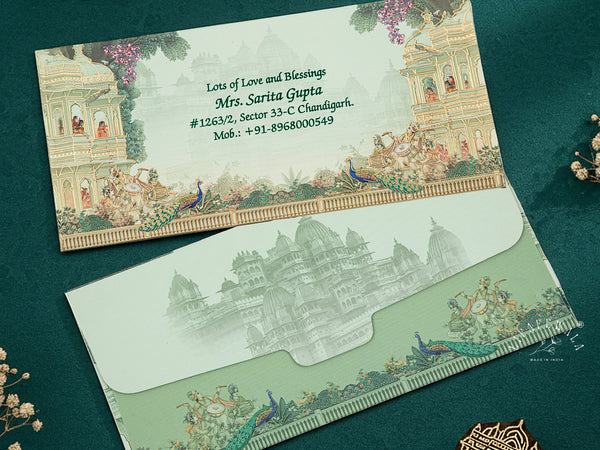 Royal Peacock Green Velvet Shagun Envelopes | LIFAFEWALA (Velvet Feel Gold Foil, Pack of 20–200)