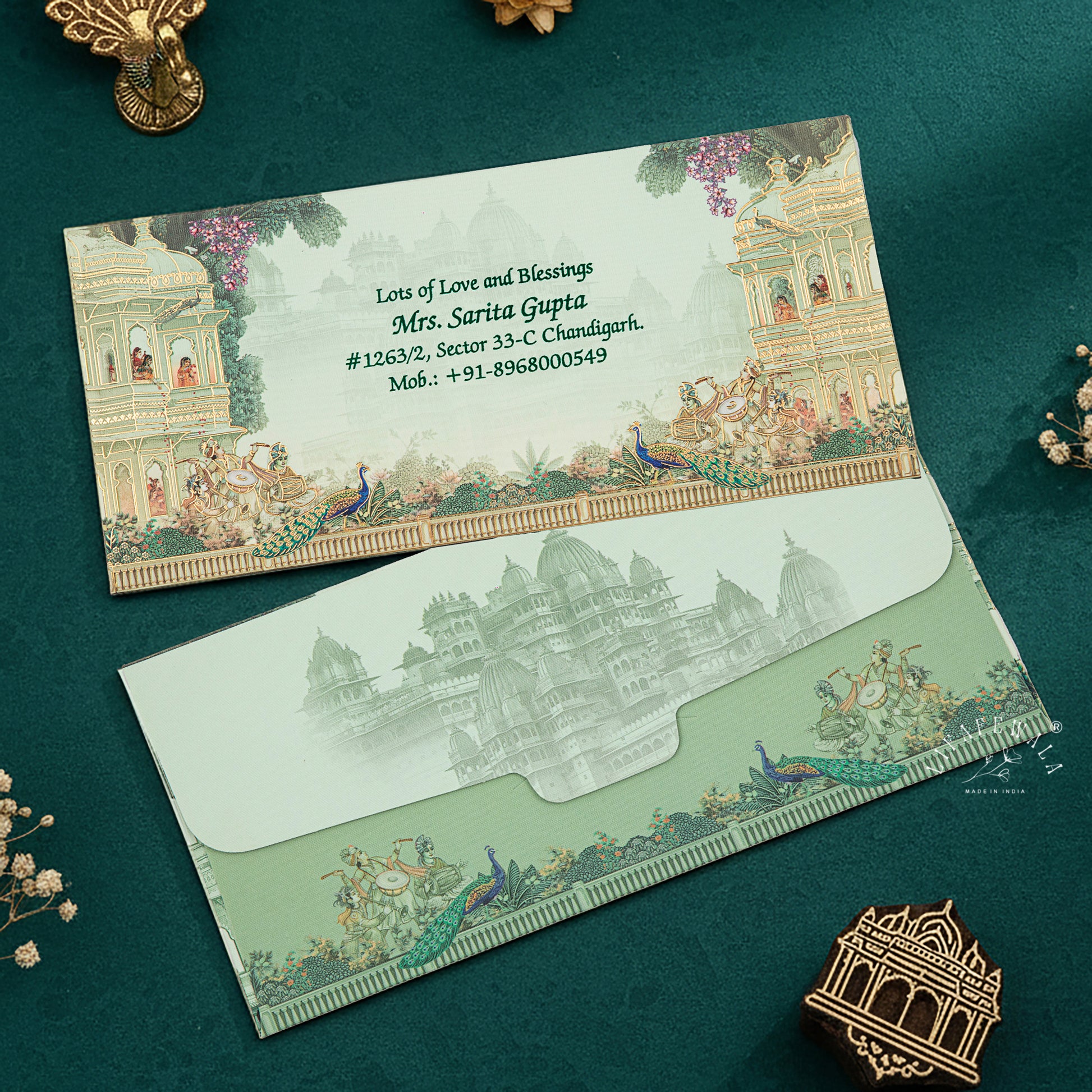 LIFAFEWALA Peacock Design Velvet Shagun Lifafa Green