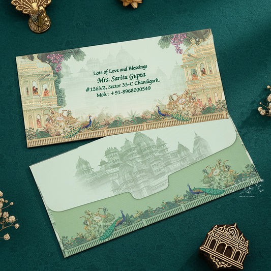 LIFAFEWALA Peacock Design Velvet Shagun Lifafa Green