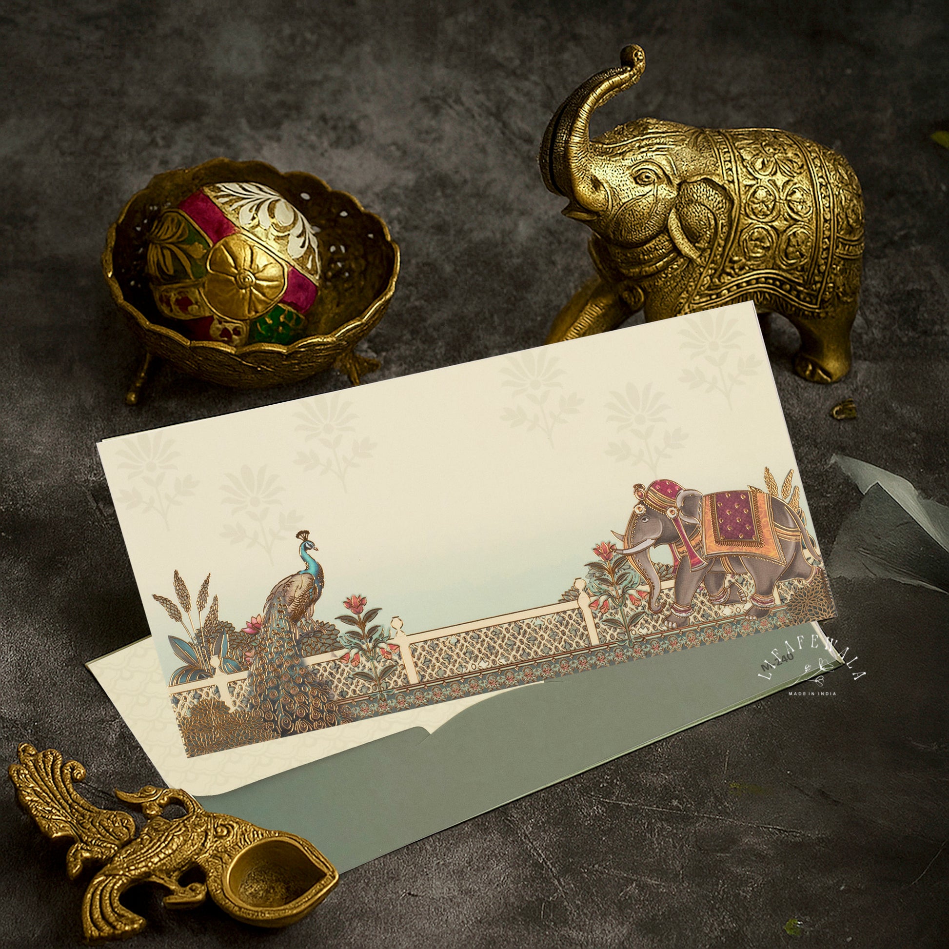 LIFAFEWALA Peacock and Elephant Design Shagun Lifafa Gold Foil