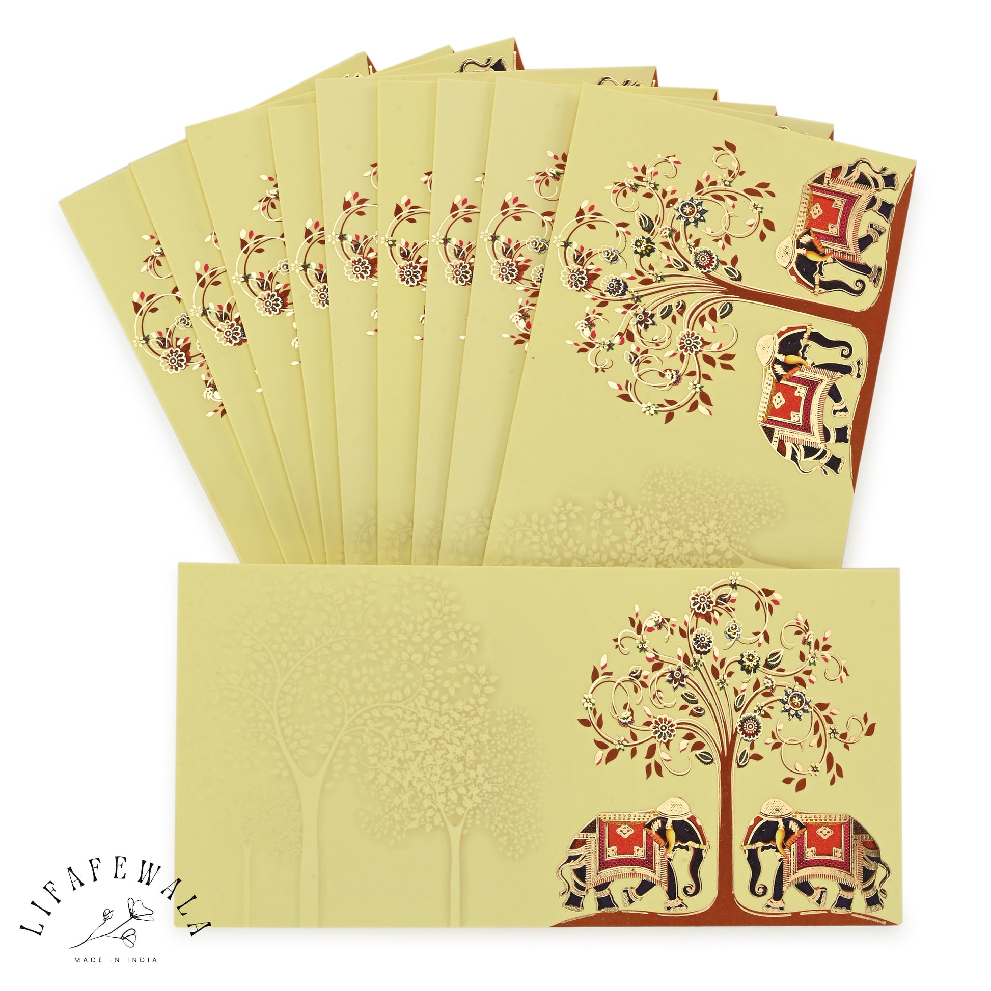 LIFAFEWALA Elephant Print Velvet Feel Cream Shagun Envelope