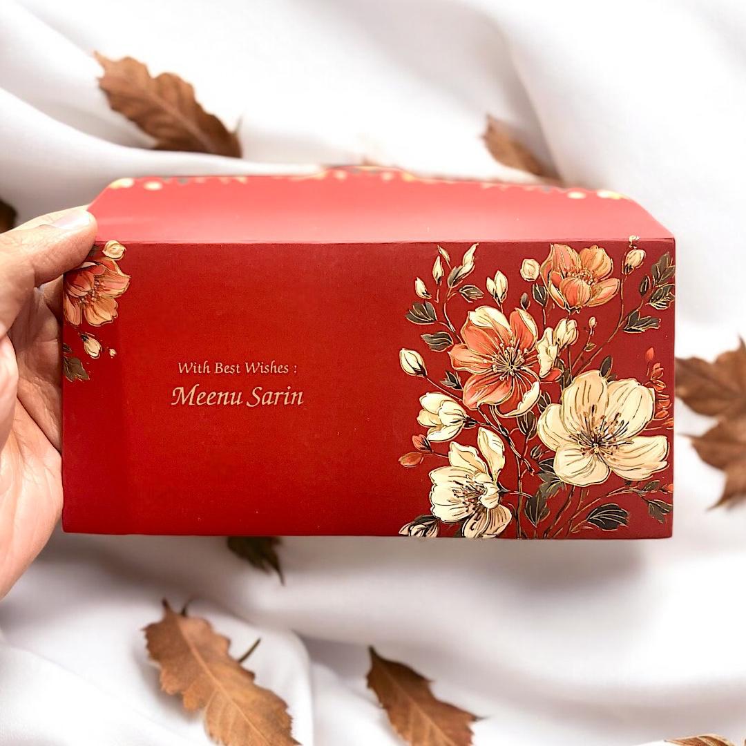 LIFAFEWALA Red Velvet Floral Print Shagun Envelope with Gold Foil