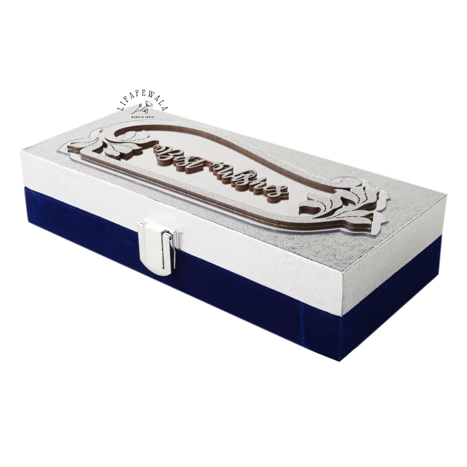 Premium Rectangular Shagun Cash Box Front View – Silver Best Wishes Design by Lifafewala