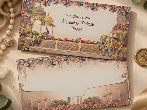 Peacock & Elephant Palace Terrace Shagun Envelopes | LIFAFEWALA (Matte Finish, Pack of 20–200)