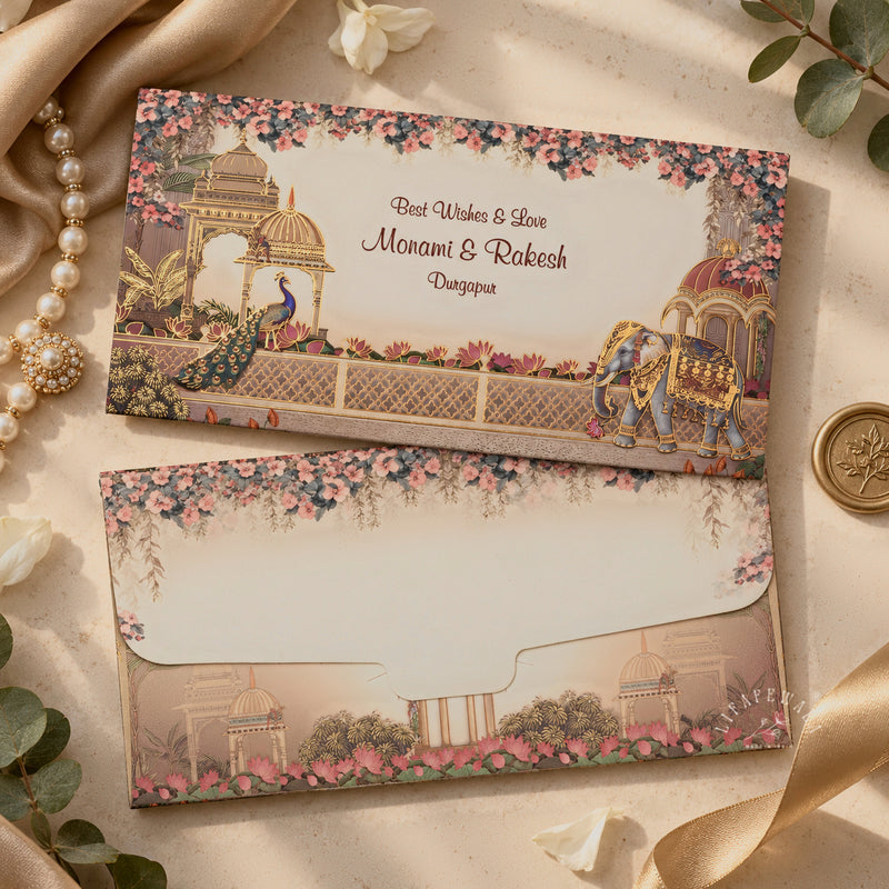 Peacock & Elephant Palace Terrace shagun envelope with personalised name printing – sample by LIFAFEWALA