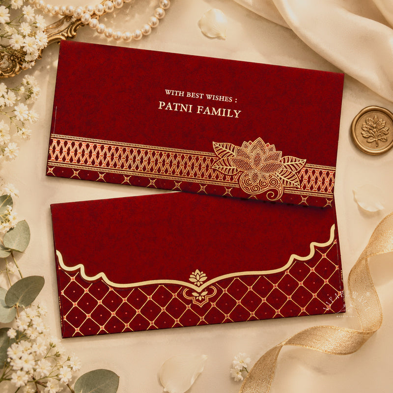 Red Kamal Lotus Lattice Velvet Shagun Envelopes | LIFAFEWALA (Velvet Feel Gold Foil, Pack of 20–200)