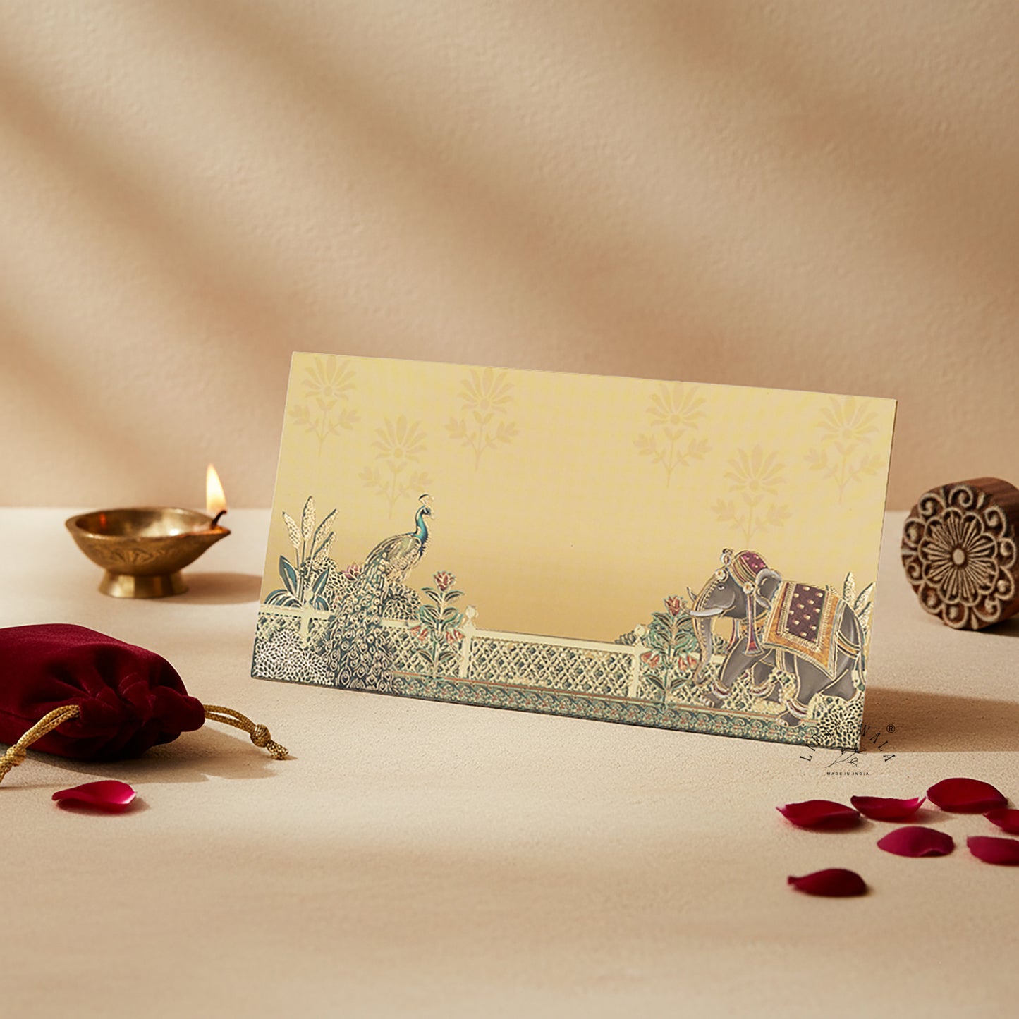 Peacock and Elephant Design Gold Foil Shagun Envelopes by LIFAFEWALA