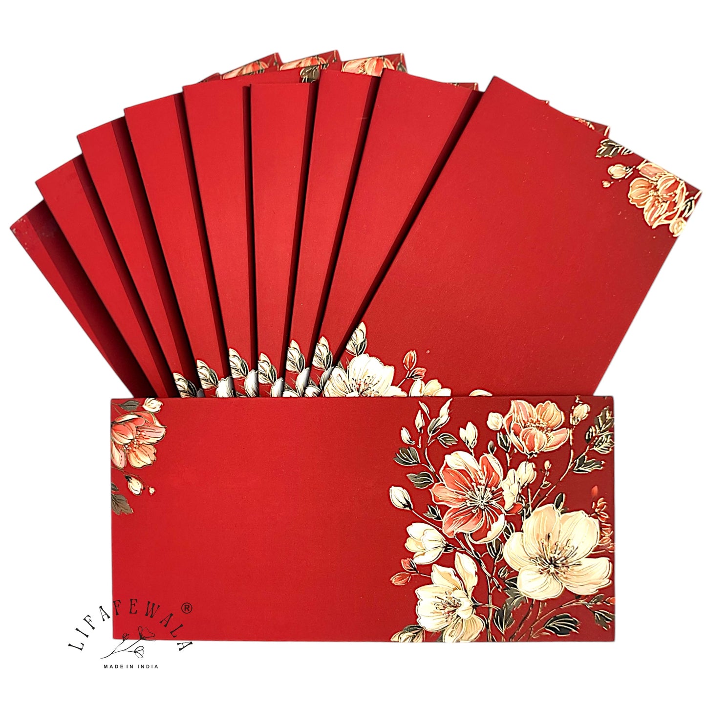 LIFAFEWALA Red Velvet Floral Print Shagun & Money Envelopes | Gold Foil Wedding Gift Covers (Pack of 20–200)