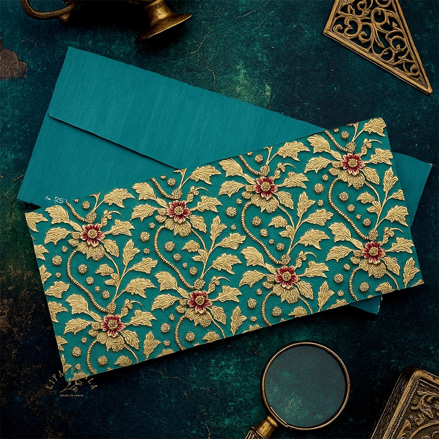 LIFAFEWALA Green Velvet Floral Print Shagun & Money Envelopes | Gold Foil Wedding Gift Covers (Pack of 20–200)
