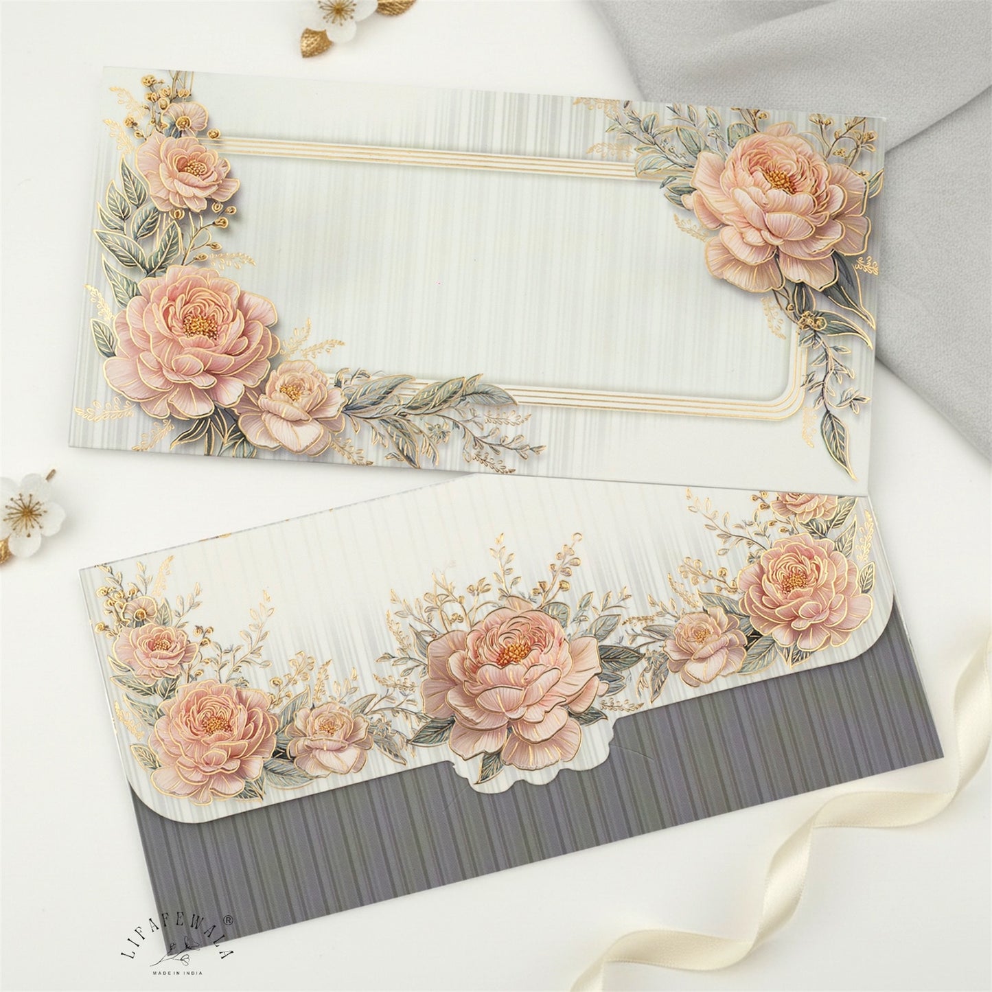 Floral White Velvet Finish Money Envelopes | LIFAFEWALA Shagun Lifafa (Gold Foil, Pack of 20–200)