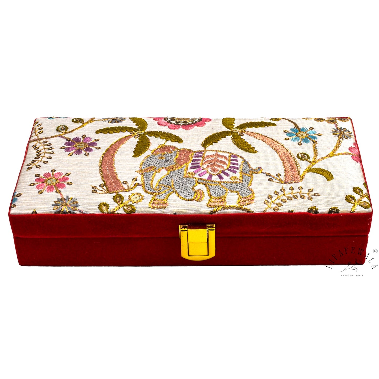 Embroidered Elephant Design Shagun Box | LIFAFEWALA (Red Velvet, Fur Inside, Pack of 1)