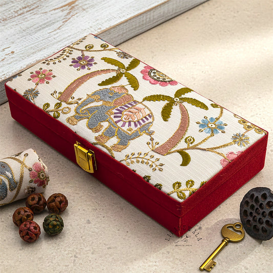 Embroidered Elephant Design Shagun Box | LIFAFEWALA (Red Velvet, Fur Inside, Pack of 1)