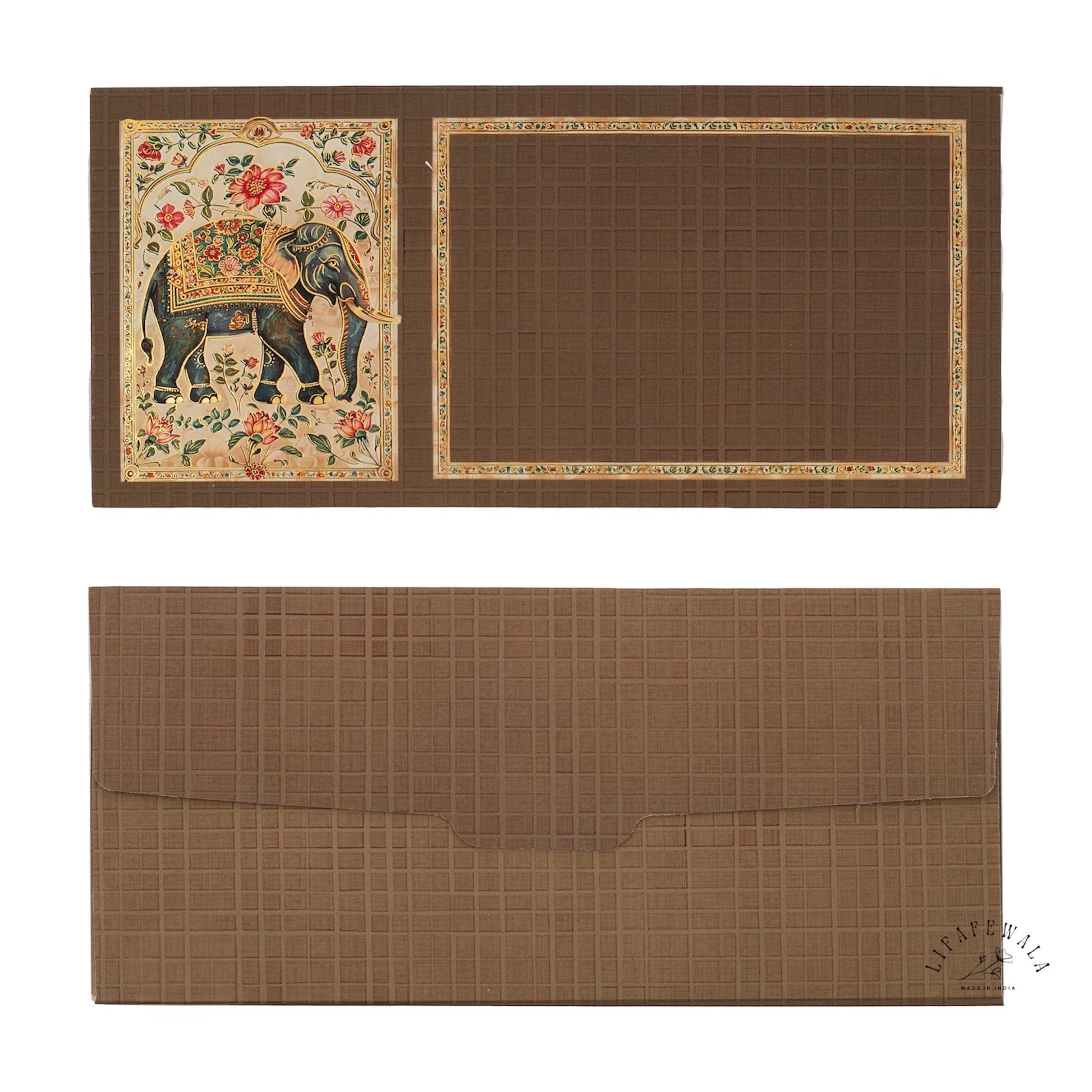 Premium Brown Velvet Shagun Lifafa with Gold Foil Elephant Design
