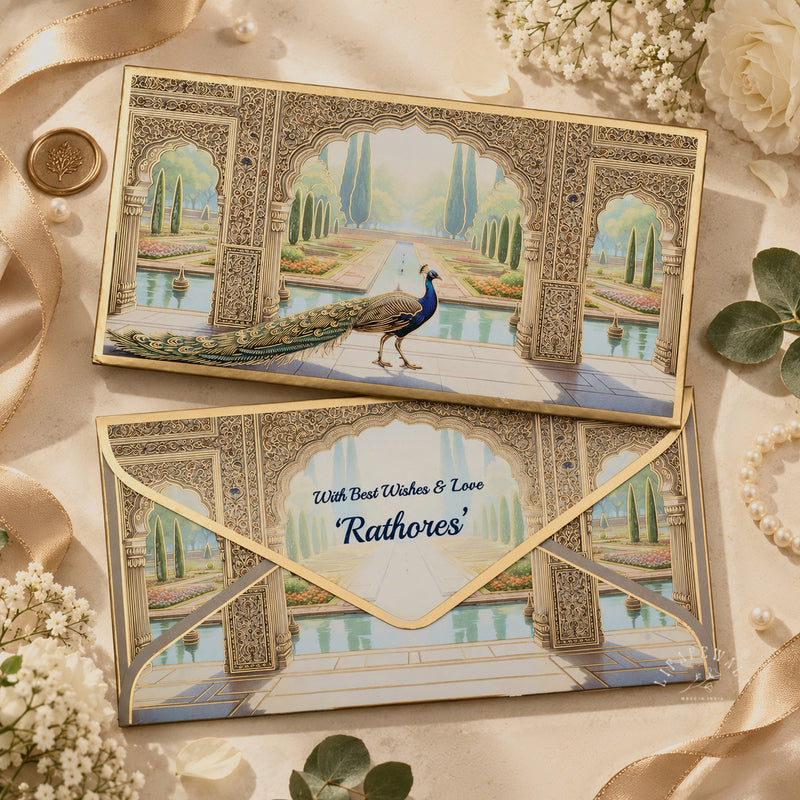 Marble Jaali Mughal Garden Peacock Premium Shagun Envelopes | LIFAFEWALA (Velvet, UV & Gold Foil, Pack of 20–200)