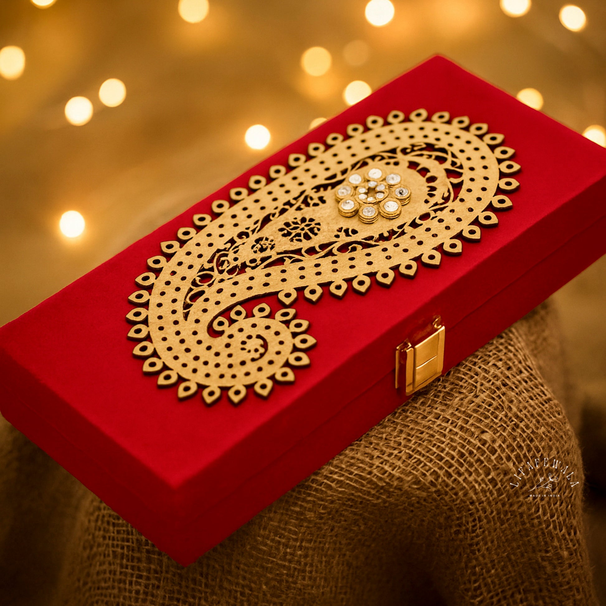 LIFAFEWALA Red Velvet Laser Cut Shagun Box with Golden Detailing