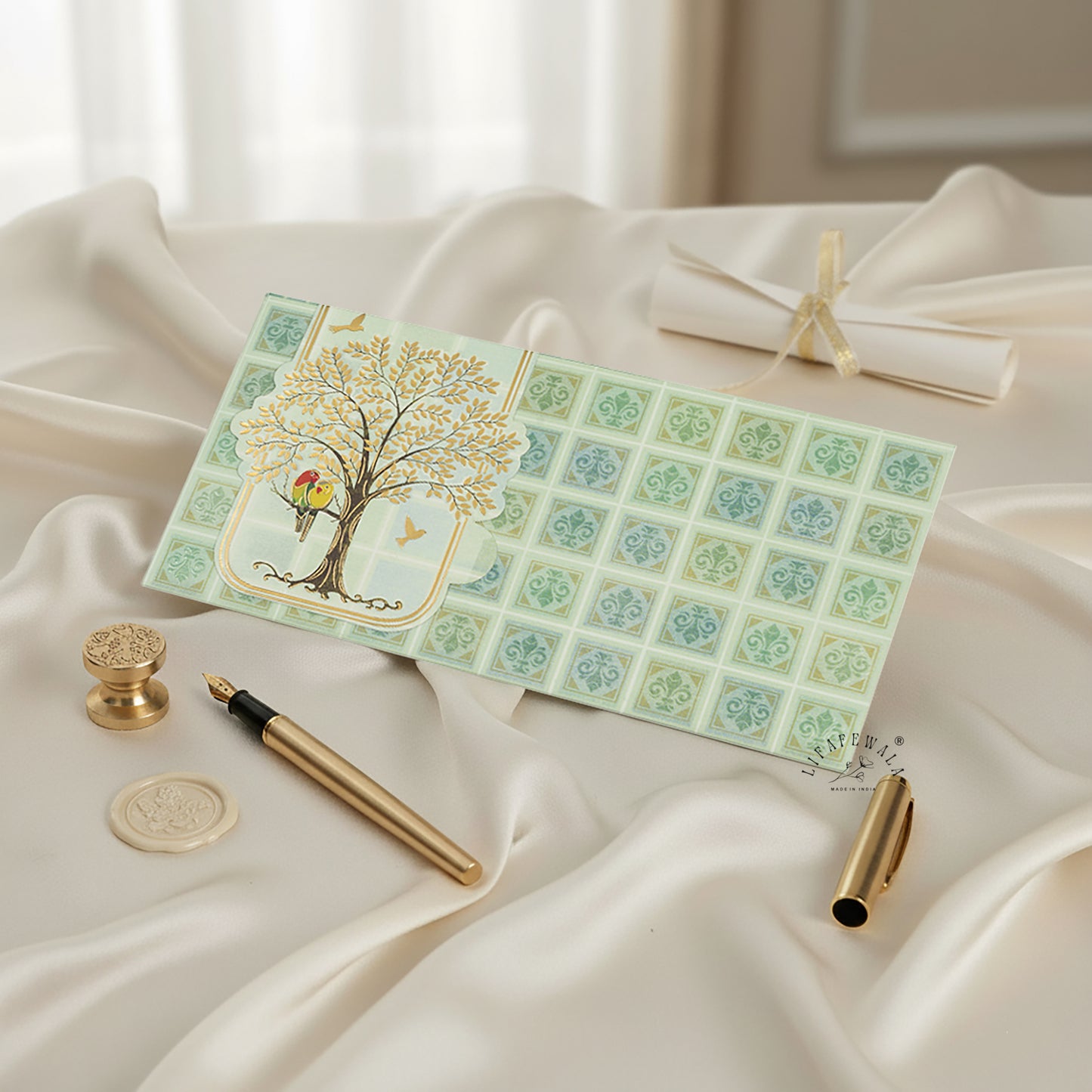 Premium Birds on Tree Shagun Envelopes – Stylish 2.5 Fold Matte Finish with Gold Foil & UV | Lifafewala