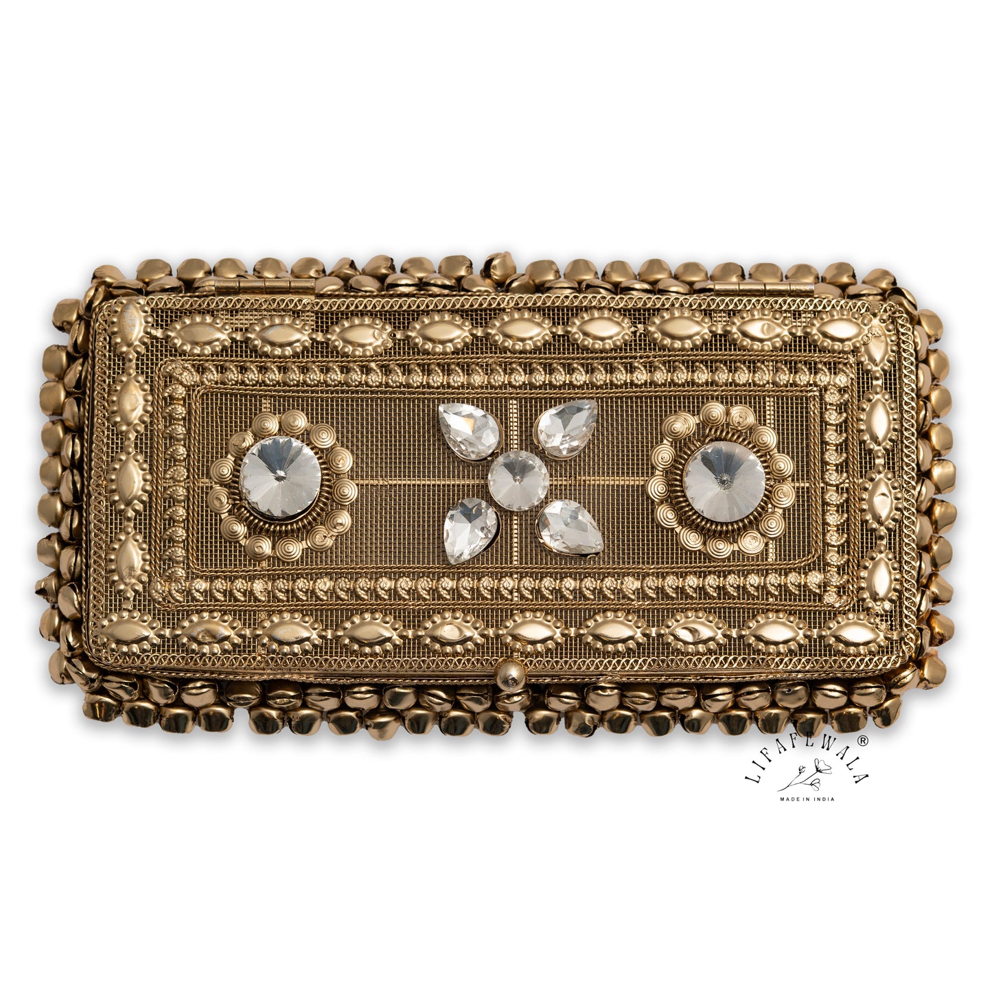 LIFAFEWALA Designer Metal Gaddi Box, Jewellery Box, Cash Box, Gift Box, Luxurious Money Box Envelope Shagun Box With Ghungroo For Wedding, Rakhi & Other Festivities (Golden Color)