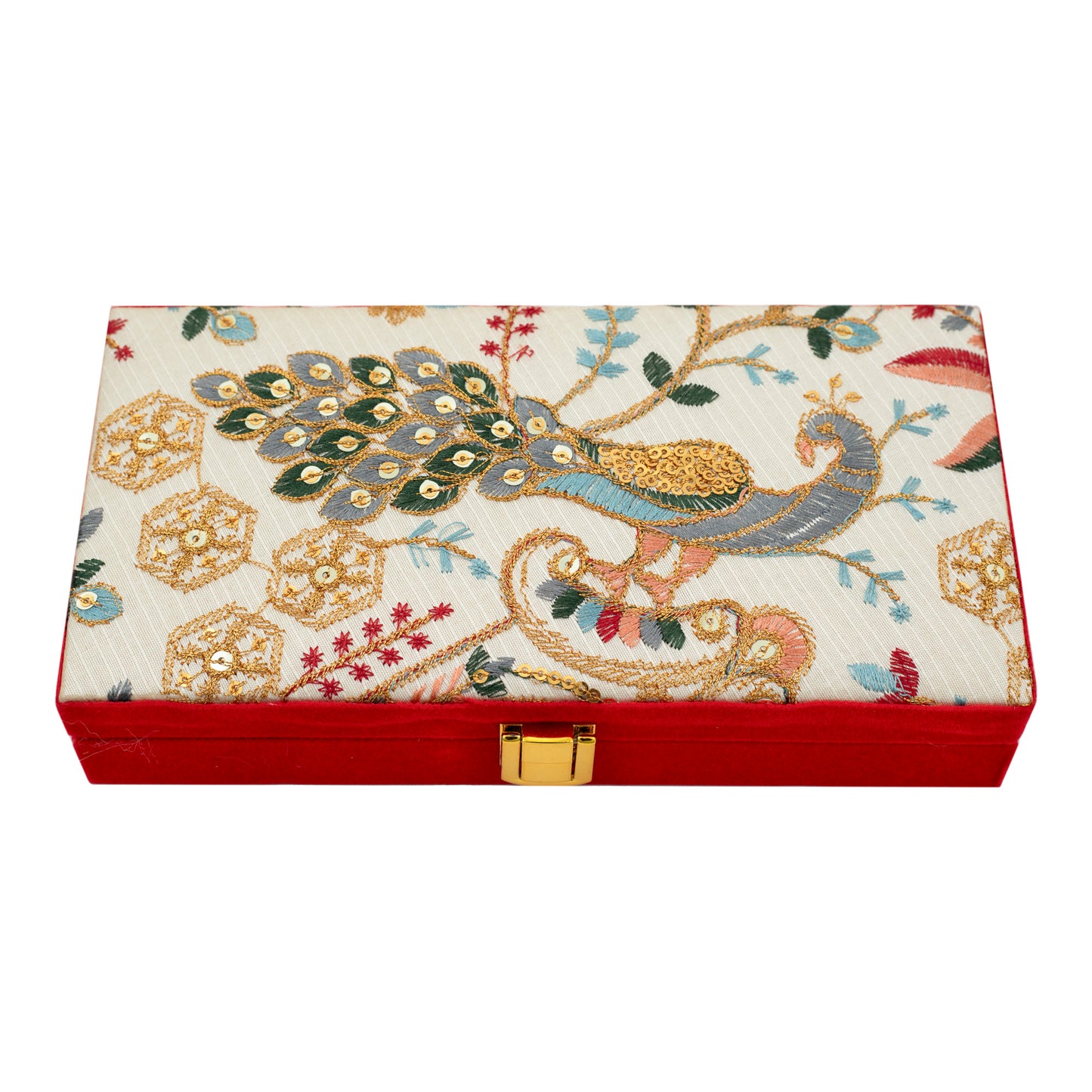 Embroidered Peacock Design Shagun Box | LIFAFEWALA (Red Velvet, Fur Inside, Pack of 1)
