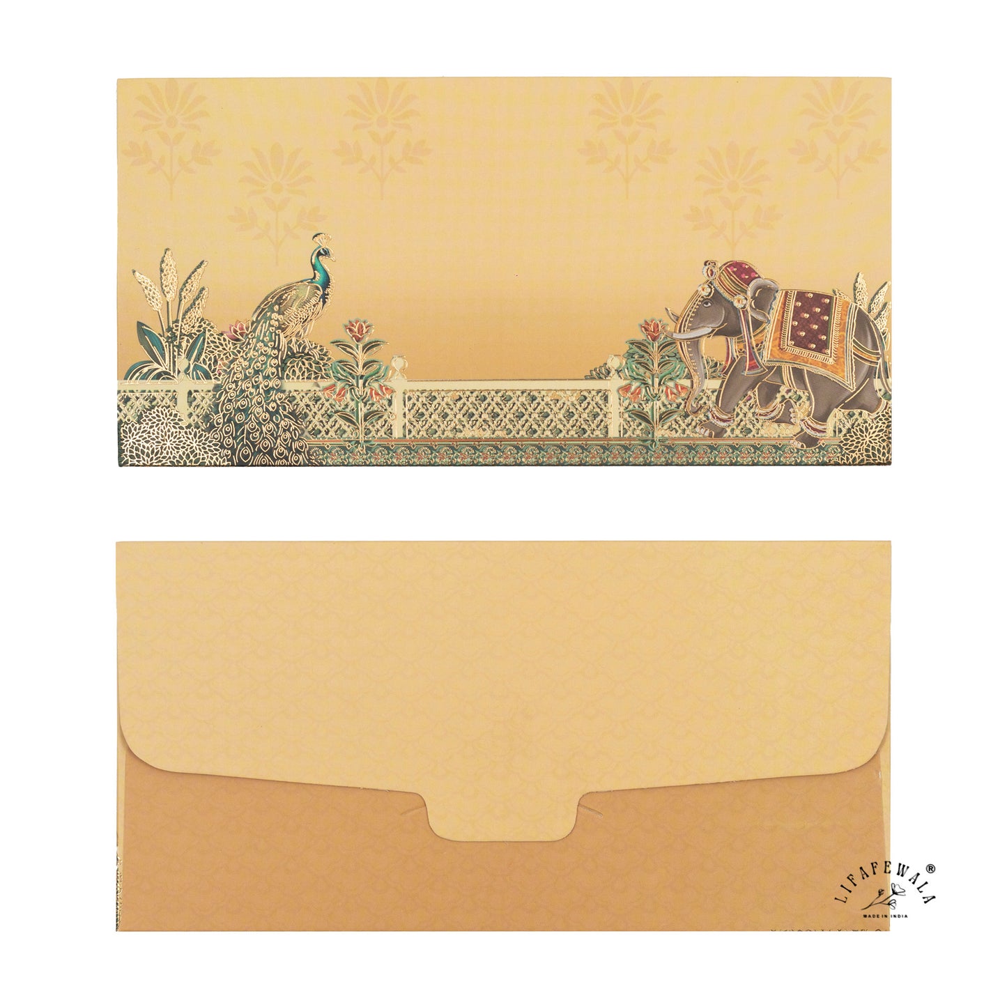 Peacock & Elephant Gold Foil Shagun Envelopes | LIFAFEWALA (Matte Finish, Yellow, Pack of 20–200)
