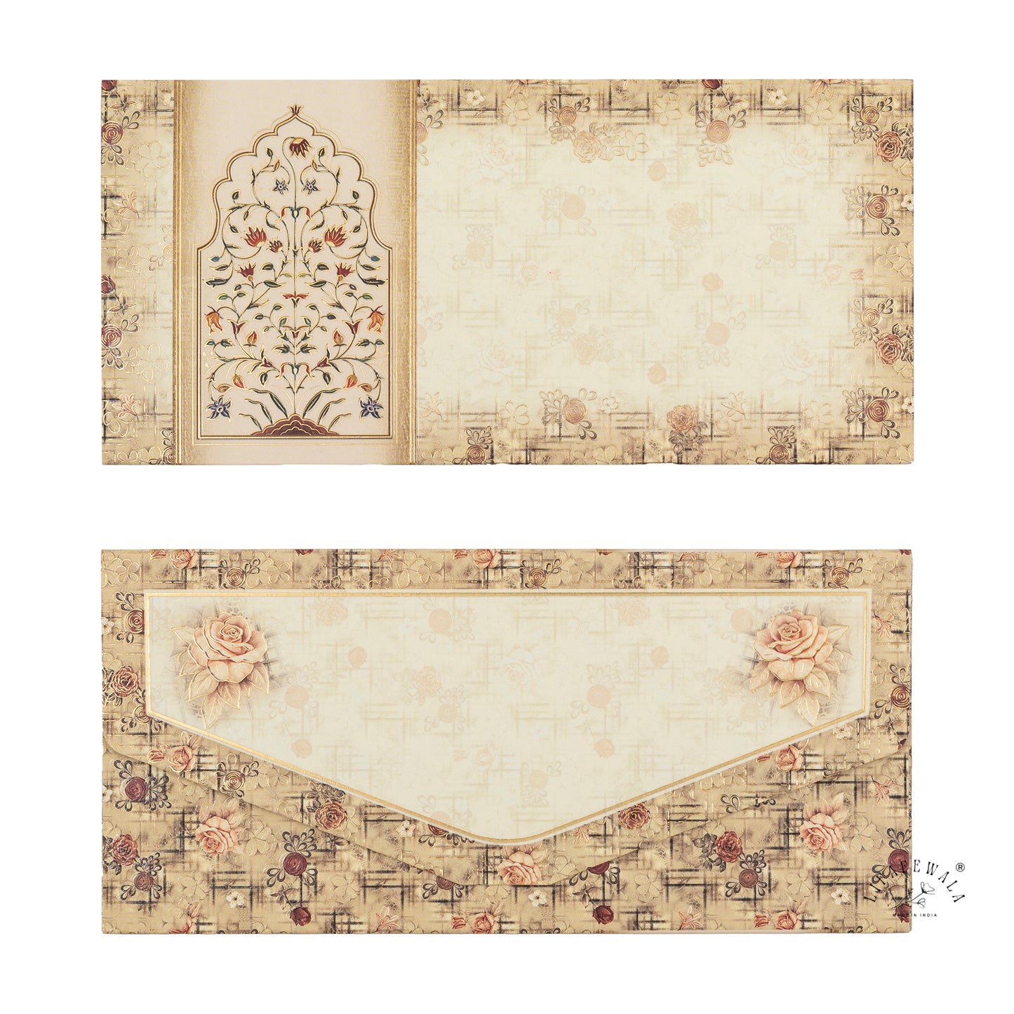 Luxurious Flower Print Shagun Envelopes – Velvet Feel UV Gold Finish with V-Shaped Tuck Flap | Lifafewala (Pack of 20–200)