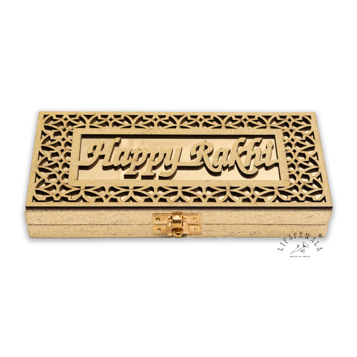 Happy Rakhi Luxurious Mirror Gaddi Box, Jewellery, Shagun, Cash, Gift Box, Money Envelope for Brother/Sister For Raksha Bandhan in Golden Color – Lifafewala