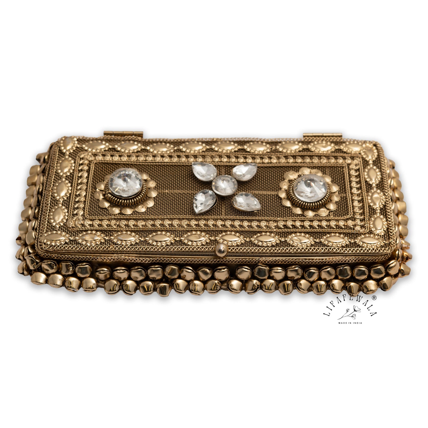 LIFAFEWALA Designer Metal Gaddi Box, Jewellery Box, Cash Box, Gift Box, Luxurious Money Box Envelope Shagun Box With Ghungroo For Wedding, Rakhi & Other Festivities (Golden Color)