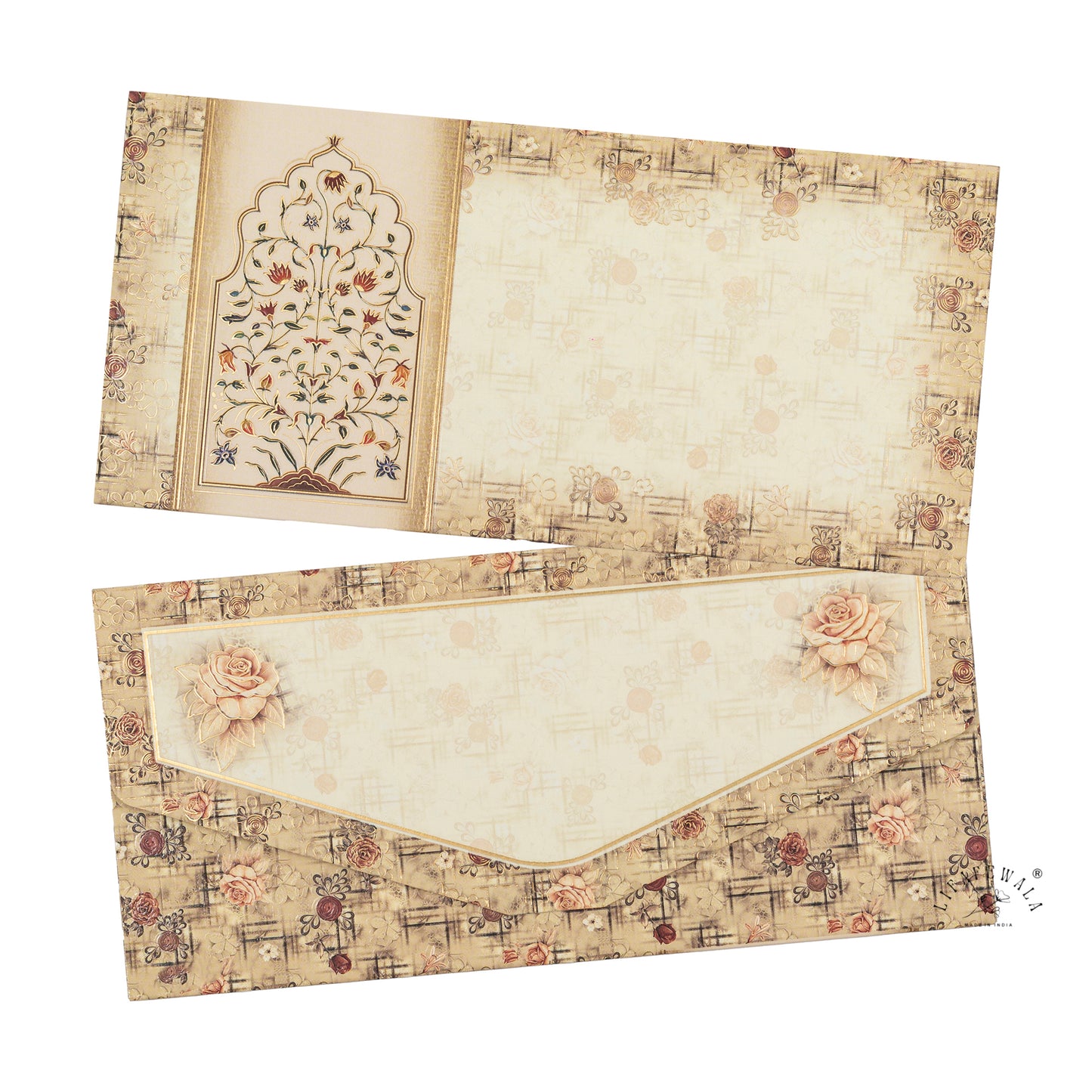 Luxurious Flower Print Shagun Envelopes – Velvet Feel UV Gold Finish with V-Shaped Tuck Flap | Lifafewala (Pack of 20–200)