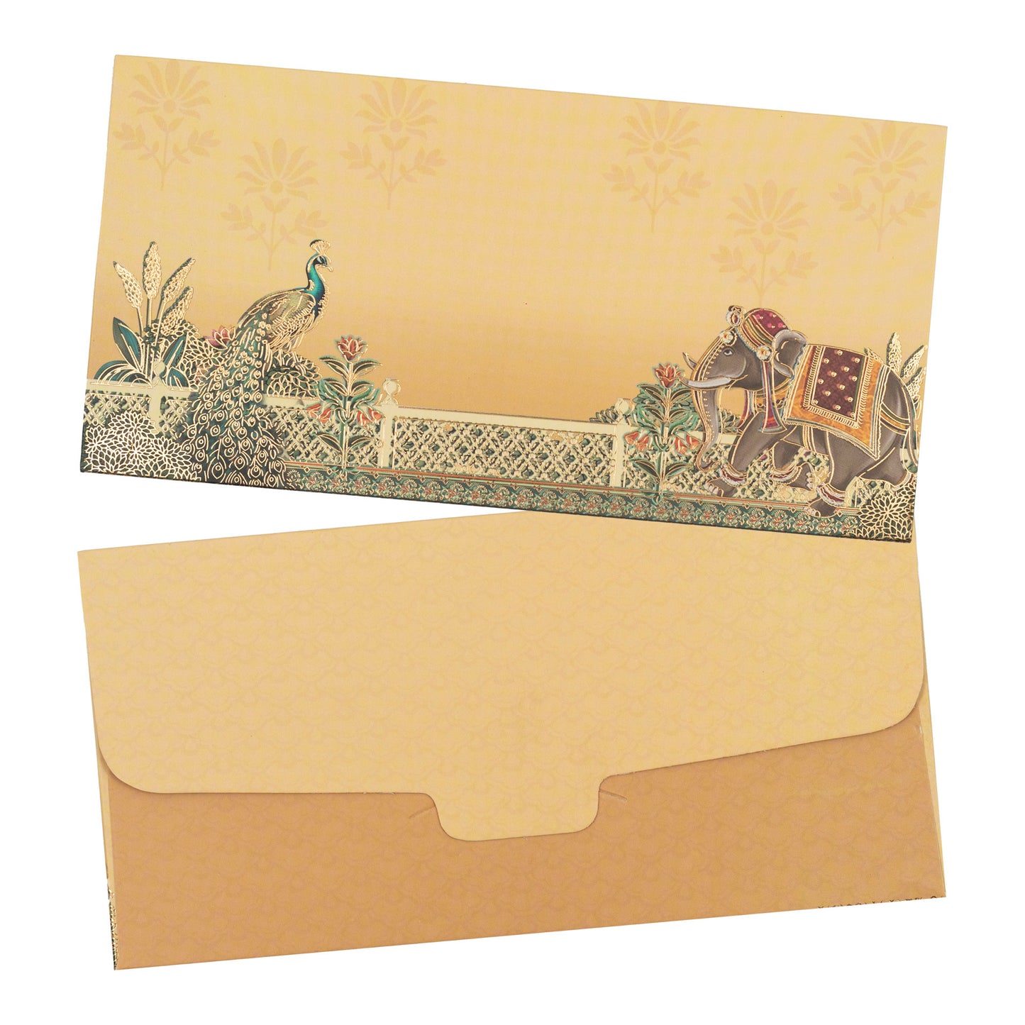 Peacock & Elephant Gold Foil Shagun Envelopes | LIFAFEWALA (Matte Finish, Yellow, Pack of 20–200)