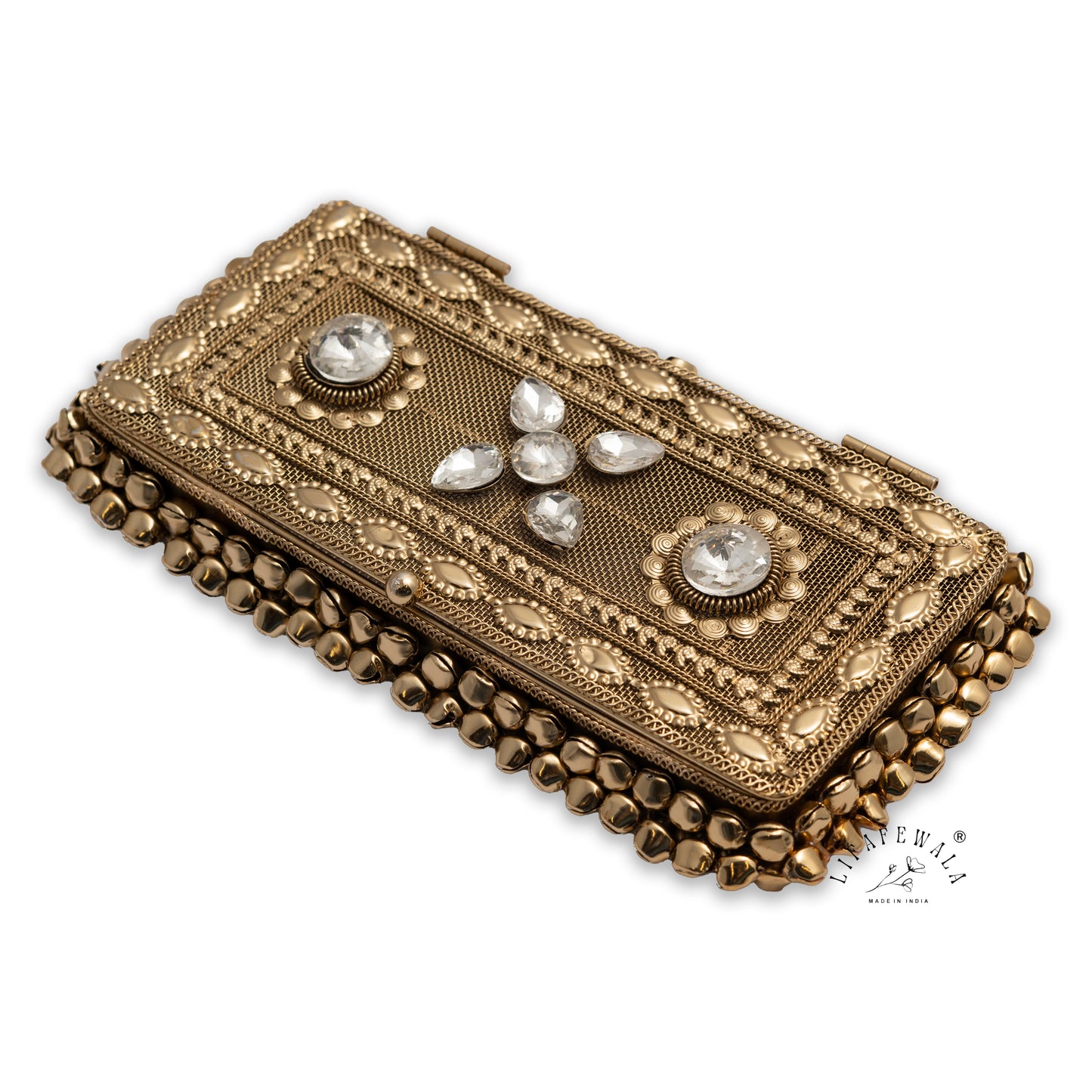 LIFAFEWALA Designer Metal Gaddi Box, Jewellery Box, Cash Box, Gift Box, Luxurious Money Box Envelope Shagun Box With Ghungroo For Wedding, Rakhi & Other Festivities (Golden Color)
