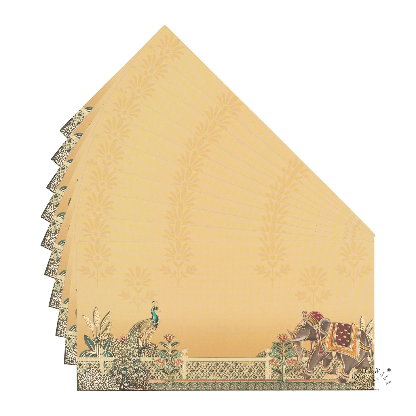Peacock & Elephant Gold Foil Shagun Envelopes | LIFAFEWALA (Matte Finish, Yellow, Pack of 20–200)
