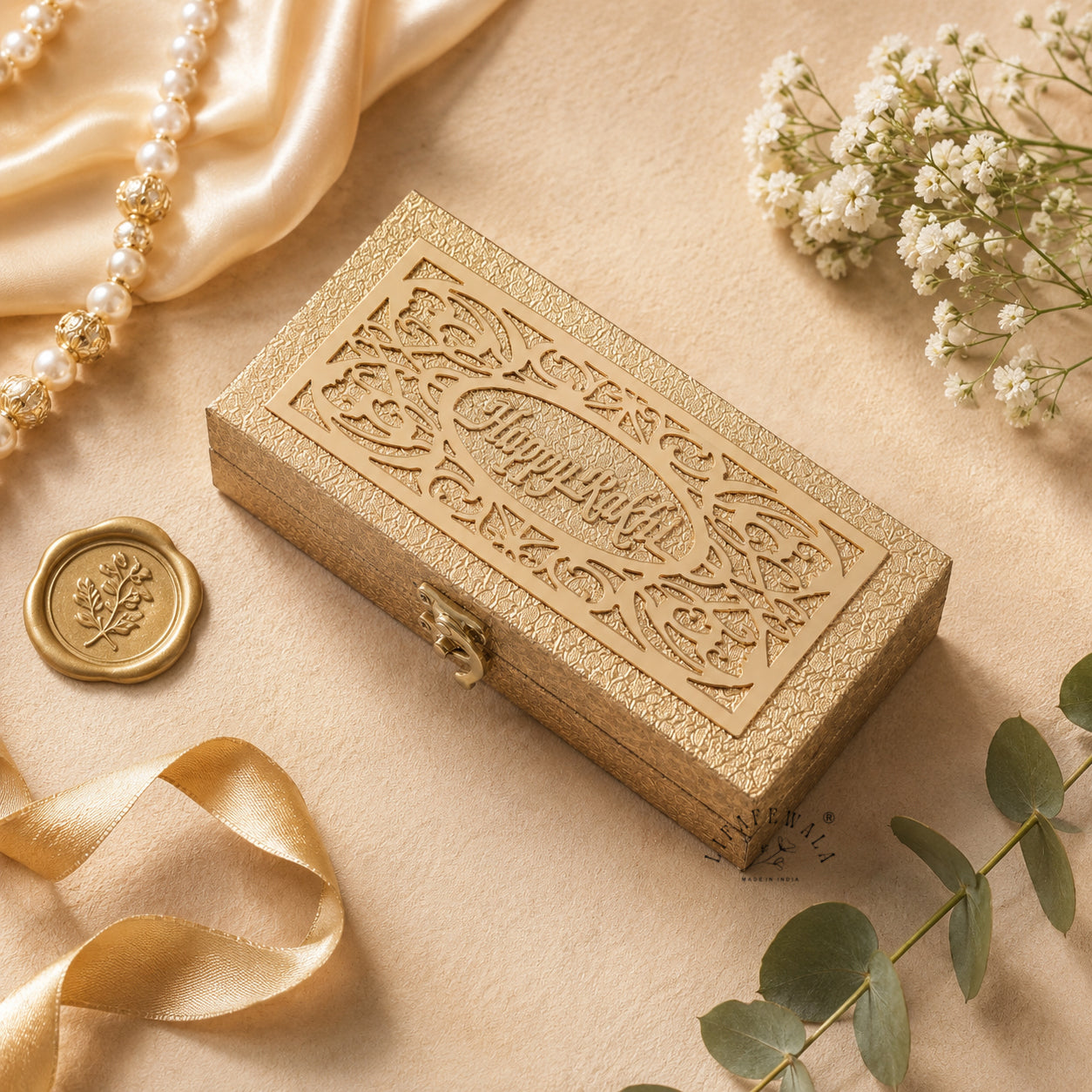 Happy Rakhi Lazer Cut Designer Gaddi Box, Jewellery, Shagun, Cash, Gift Box, Money Envelope for Brother/Sister For Raksha Bandhan in Golden Color for two Gaddi – Lifafewala