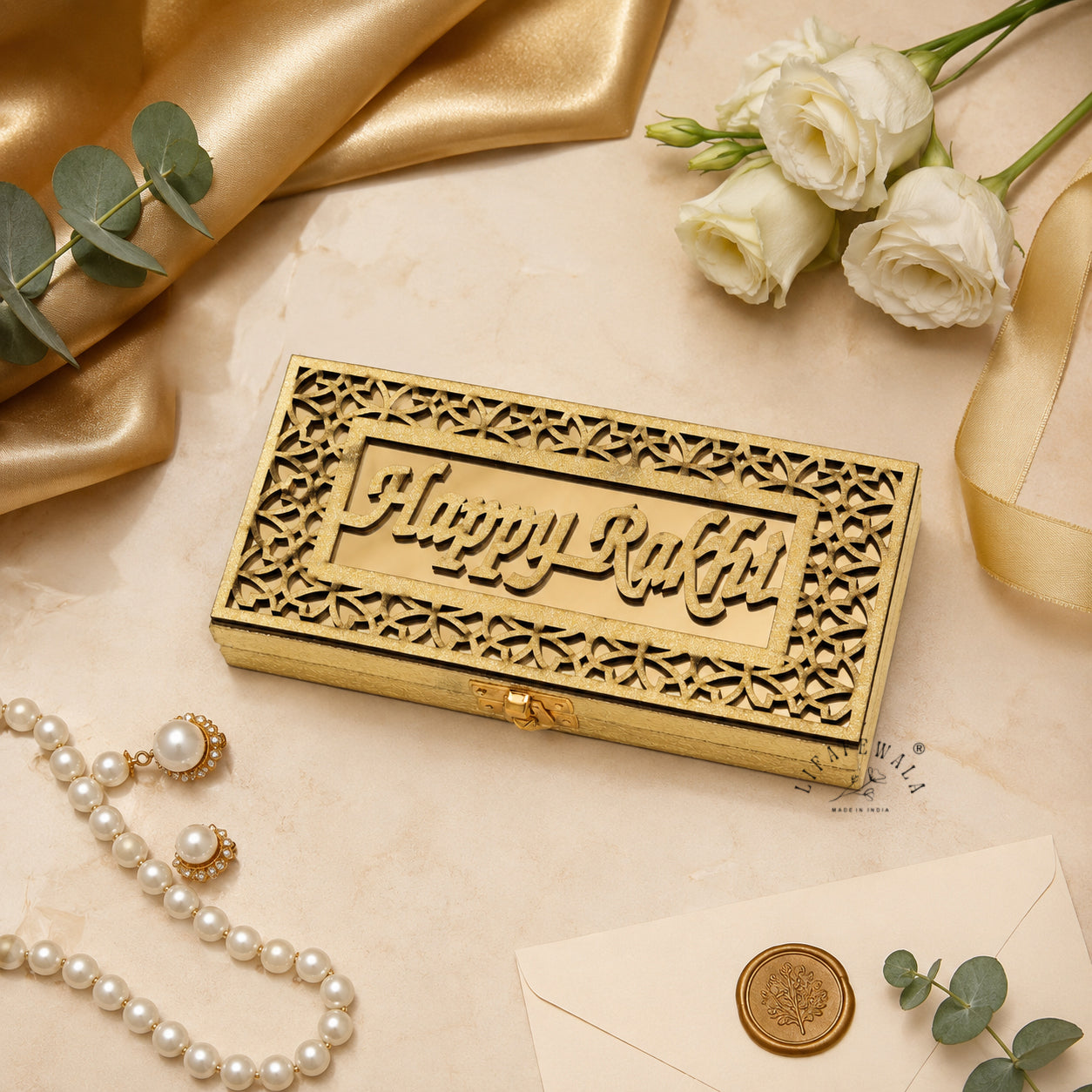 Happy Rakhi Luxurious Mirror Gaddi Box, Jewellery, Shagun, Cash, Gift Box, Money Envelope for Brother/Sister For Raksha Bandhan in Golden Color – Lifafewala