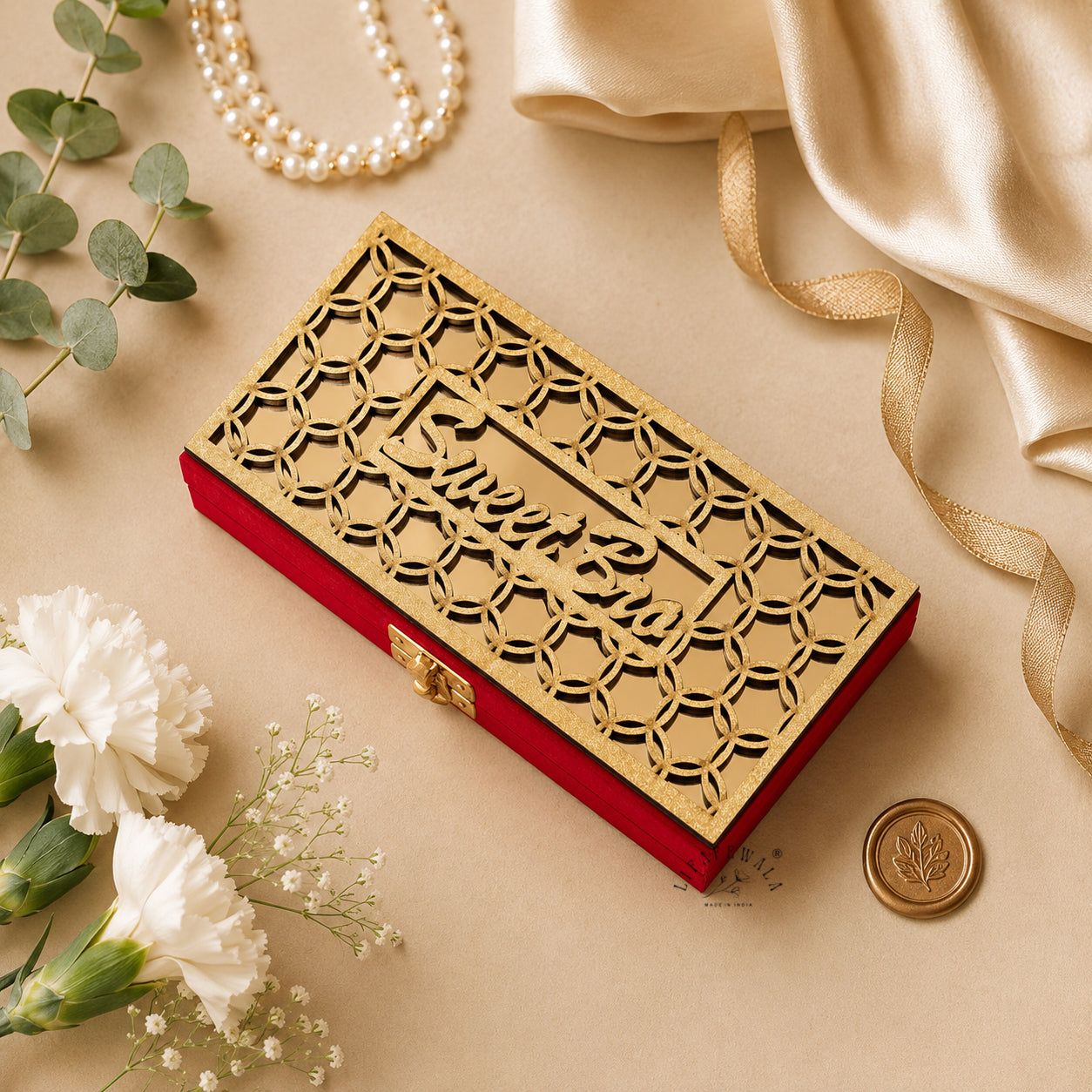 Happy Rakhi Designer Mirror Gaddi Box, Jewellery, Shagun, Cash, Gift Box, Money Envelope for Brother/Sister For Raksha Bandhan in Golden & Red Color– Lifafewala