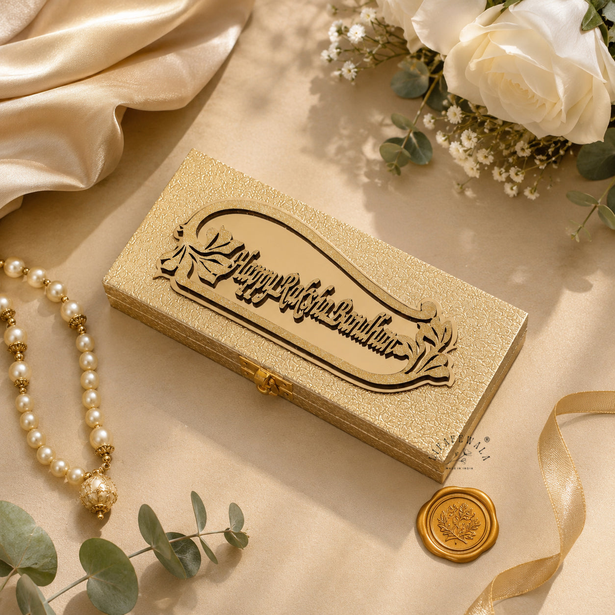 Happy Rakhi Designer Gaddi Box, Jewellery, Shagun, Cash, Gift Box, Money Envelope for Brother/Sister For Raksha Bandhan in Golden Color – Lifafewala