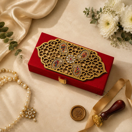 Laser Cut Small Carry Design Shagun Box With Fur Inside | LIFAFEWALA (Red Velvet, Premium Gift Box, Pack of 1)