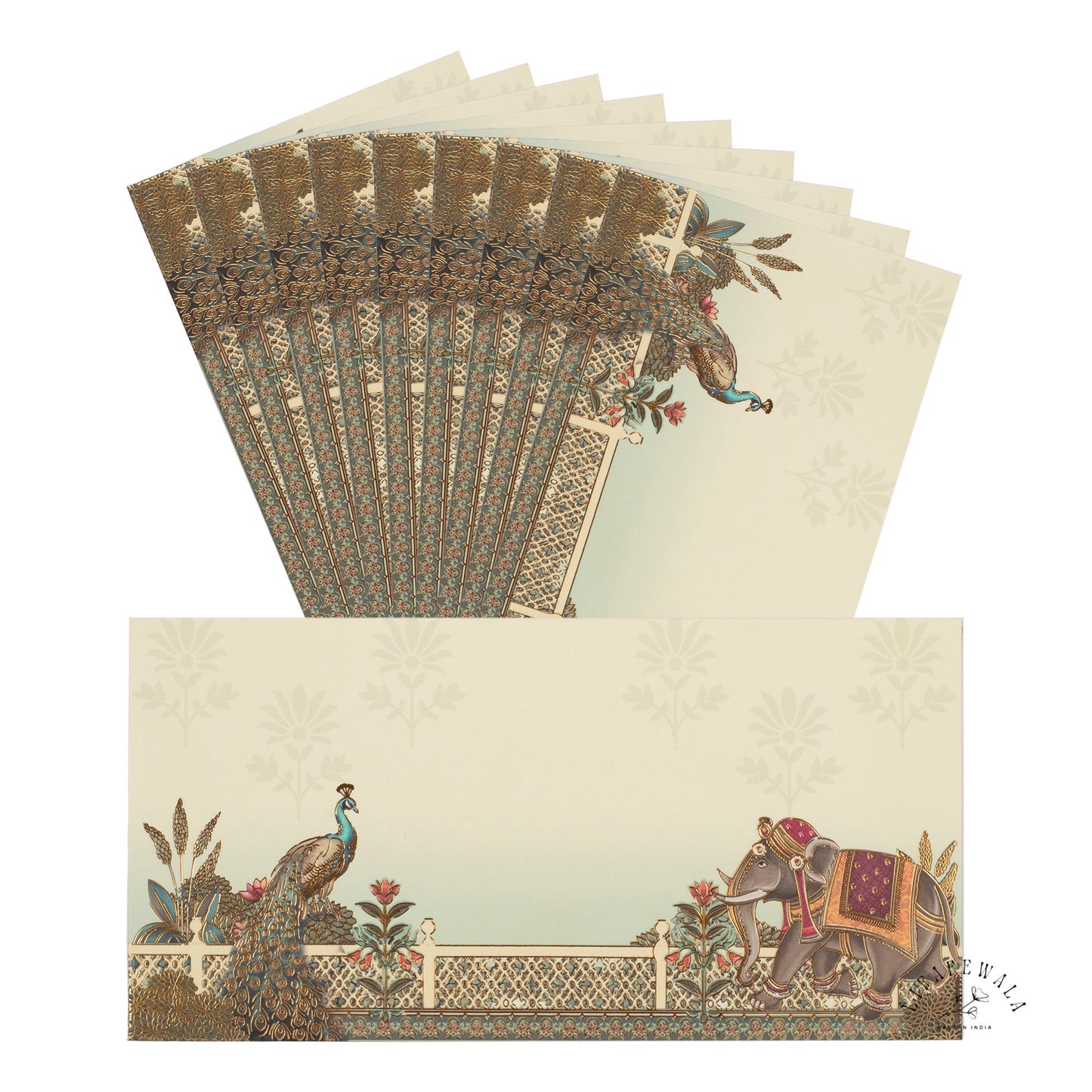 Royal Peacock & Elephant Design Shagun Lifafa | LIFAFEWALA Gold Foil Envelopes (Pack of 20–200)