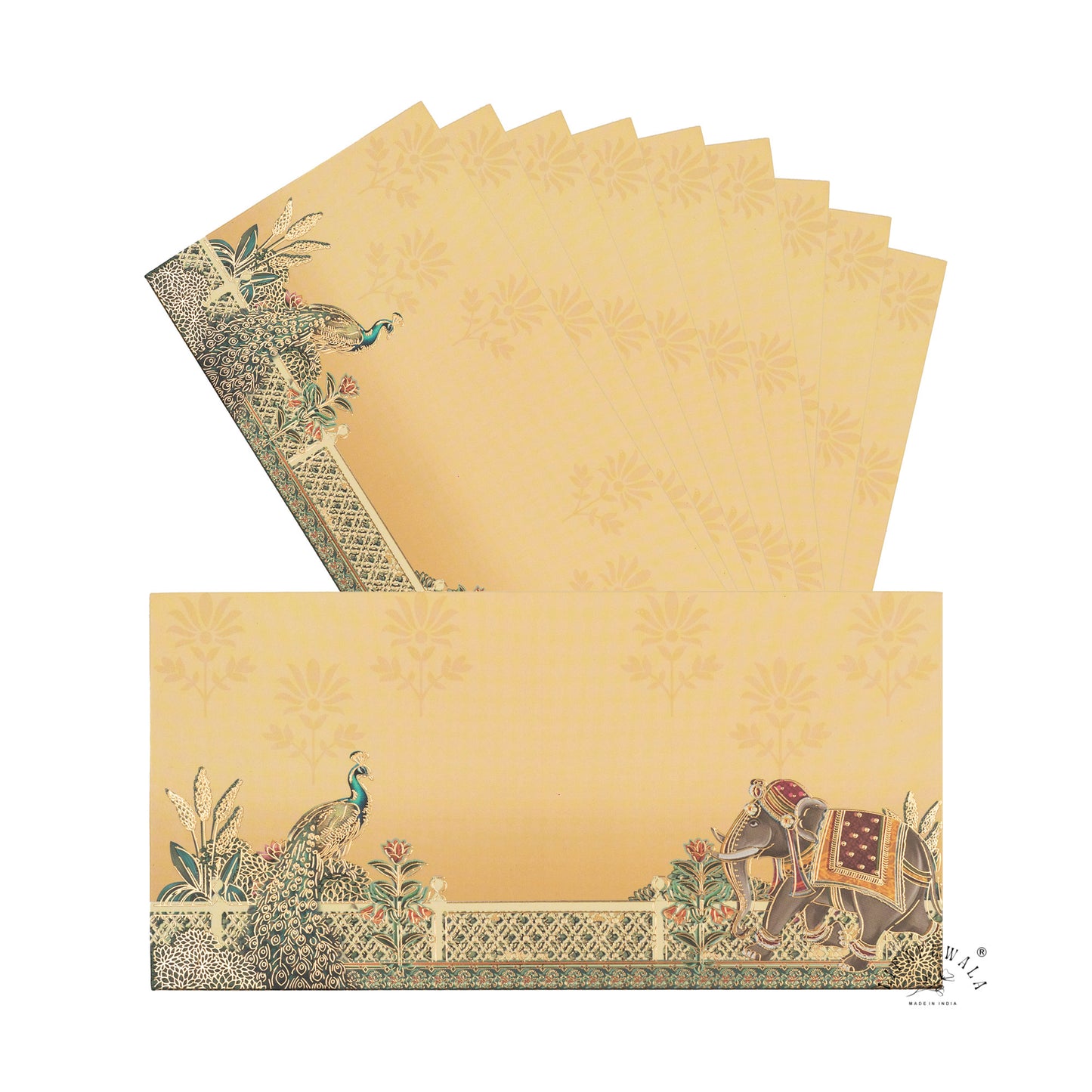 Peacock & Elephant Gold Foil Shagun Envelopes | LIFAFEWALA (Matte Finish, Yellow, Pack of 20–200)