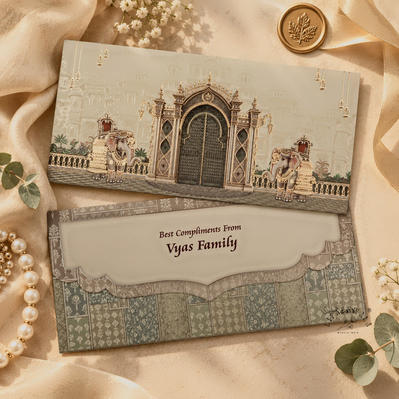 Ivory Palace Gate & Royal Elephants shagun envelope with personalised name printing – sample by LIFAFEWALA