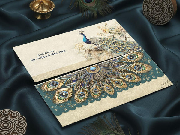 Blue & Cream Peacock Velvet Shagun Envelopes | LIFAFEWALA (Velvet Feel Gold Foil, Pack of 20–200)