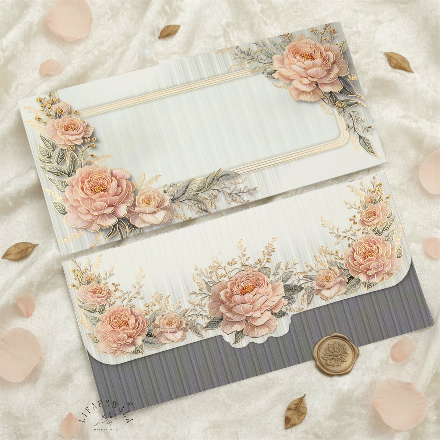 LIFAFEWALA White Floral Velvet Gold Foil Money Envelope