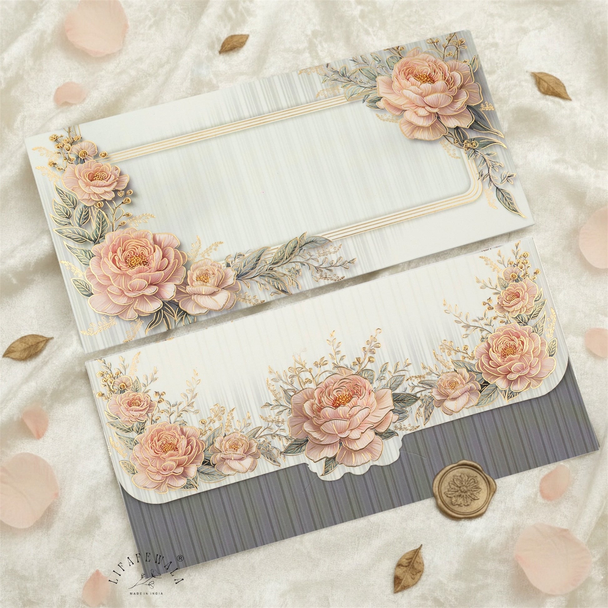 LIFAFEWALA White Floral Velvet Gold Foil Money Envelope